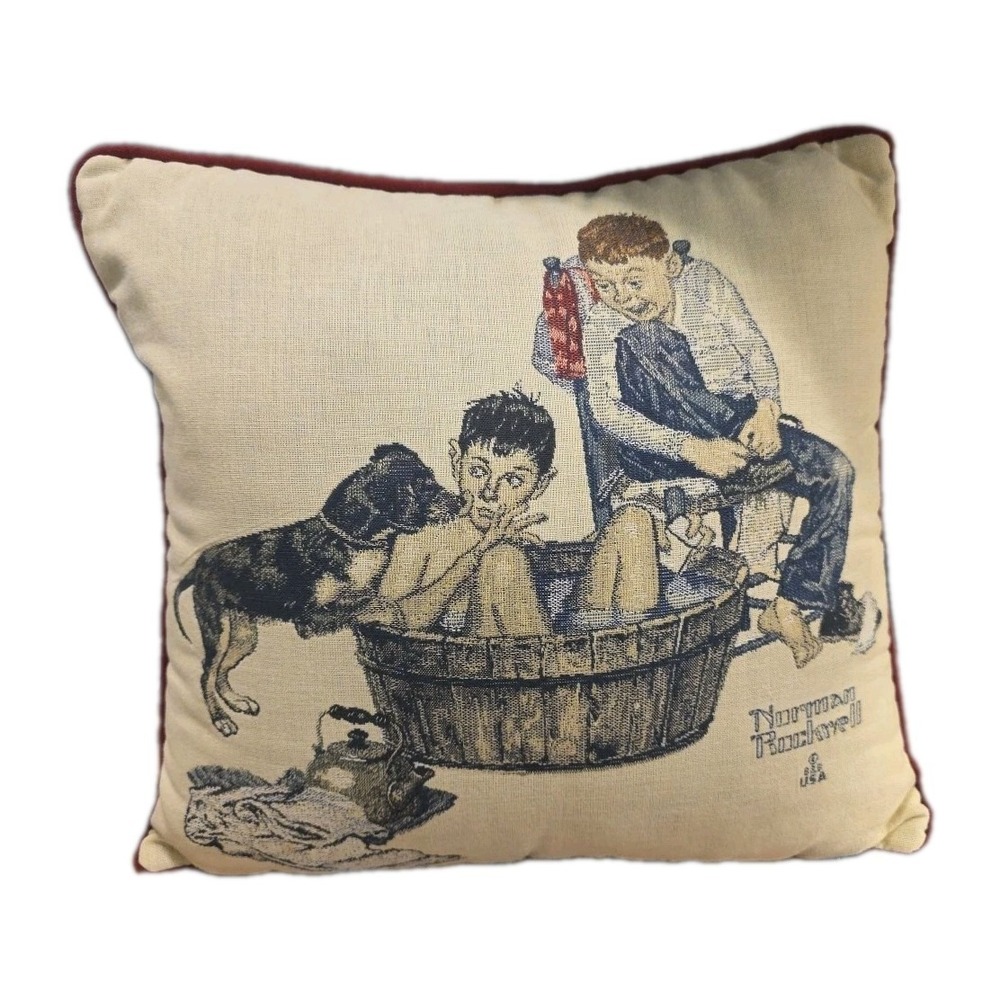Vintage Norman Rockwell  15"×15"  Dog Themed Pillow "Lickin Good Bath" USA‎ Made